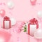 Holiday card with bunch of tulips, pink and white balloons and gift boxes on rosy background. Vector illustration