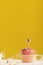 Holiday card with cupcake with candles on bright yellow background and place for your text. Vertical frame