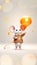 Holiday card with cute small white mouse with large pink ears holding an orange balloon
