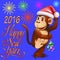 holiday card with a dancing monkey and fireworks