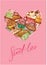 Holiday card with decorated sweet cupcakes in heart shape