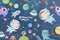 Holiday card design. Baby shower. Little astronauts, boy and girl,  floating around in open space, among stars, planets, funny mon