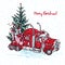 Holiday card Hand drawn red truck with christmas tree and gifts isolated on white background. Vintage sketch xmas lorry