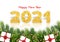 Holiday card Happy New Year with fir tree branches, candy canes, gifts and bows. Golden numbers 2021 with reflection and