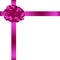 Holiday card with ribbon and pink bow. Realistic holiday decorations at gift banner, poster, coupon. Vector.