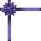 Holiday card with ribbon and violet bow. Realistic holiday decorations at gift banner, poster, coupon. Vector.