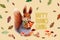 Holiday card with squirrel, autumn color leaves, mushrooms and text `Happy thanksgiving` for Thanksgiving day.