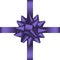 Holiday card with violet bow and ribbon. Realistic holiday decorations at gift banner, poster, coupon. Vector.