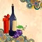 Holiday card with wine bottle, grapes, gift box