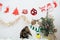 holiday and cat concept with scottish cat wear silk scarf and play with pine and christmas tree decorate background