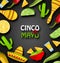 Holiday Celebration Banner for Cinco De Mayo with Chili Pepper, Sombrero Hat, Maracas, Mexican Food, Cactus