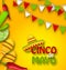 Holiday Celebration Banner for Cinco De Mayo with Chili Pepper, Sombrero Hat, Maracas, Piece of Lime, Cactus