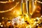 Holiday Champagne Flute over Golden glow background. Christmas and New Year celebration. Two Flutes with Sparkling Wine