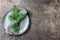 Holiday Christmas food background, cutlery, plate, napkin with ring and Christmas tree branch, table setting in silver