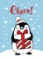 Holiday Christmas greeting poster with cartoon penguin and Cheer lettering.