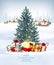 Holiday Christmas and Happy New Year background with a winter  Ð¡hristmas tree, colorful presents