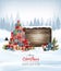 Holiday Christmas and New Year background with Christmas tree made out of colorful presents and wooden sign