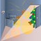 The holiday comes to the house. Image of a room and a Christmas tree entering the door.3d