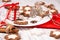 Holiday concept with red napkin, cookies and spices