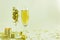 Holiday congratulations gift  champagne glass decorations golden shiny balls isolate white background