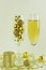 Holiday congratulations gift new year  champagne glass christmas decorations golden shiny balls isolate white background