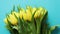 Holiday contept decoration with easter eggs and yellow tulips over blue