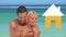 Holiday couple embrace by the sea while house icon fills yellow