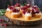 Holiday crostini appetizers with cranberries, pomegranates and feta on a wood log platter