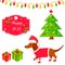 Holiday dachshund and Christmas scene. Christmas and New Year background