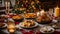 Holiday december table different Christmas snacks festive home menu tasty served