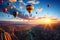 Holiday Destination of Hot Air Balloons Flying Over Rocky Cliff in Cappadocia Turkey at Sunset