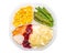 Holiday dinner in a lunch box. Mashed potatoes, turkey, gravy, cranberry sauce, corn, green beans, asparagus