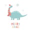 Holiday dino in Santa hats. Hand drawn card