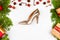 Holiday discounts and shopping concept, flat barking. Christmas composition of women`s accessories, cosmetic bag with cosmetics,