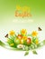 Holiday easter background with a colorful eggs and spring flowers