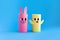 Holiday easy DIY craft idea for kids. Toilet paper roll tube toy\\\'s rabbit and chick on blue background