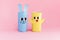 Holiday easy DIY craft idea for kids. Toilet paper roll tube toy\\\'s rabbit and chick. Pink background banner