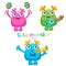 Holiday Everyday. Cute Monsters Music Players Vector Set. Luck Cartoon Mascot. Monsters With Guitar, Trumpet, Maracas.