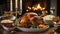 A holiday feast spread out on a table, complete with roasted turkey, stuffing, cranberry sauce, an