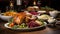 A holiday feast spread out on a table, complete with roasted turkey, stuffing, cranberry sauce, an