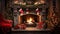 holiday fireplace with Christmas tree x\\\'mas presents gift, ai