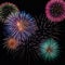 Holiday fireworks backgrounds with sparks, colored and bright light on black night sky, pyrotechnics