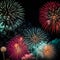 Holiday fireworks backgrounds with sparks, colored and bright light on black night sky, pyrotechnics