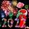 Holiday fireworks for Merry Christmas and Happy New Year. Background with red Christmas boot with bell and lovely fresh live rose