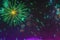 Holiday fireworks with sparks on dark sky as star, comet in universe. Festive background