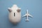 Holiday flight fare saving concept. Piggy bank with a toy plane. Vacation budget planning