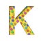 Holiday font. The letter K is made from a festive pattern with colored stars. Collection of fonts for signatures for holidays and