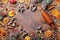 Holiday food background for baking gingerbread cookies with cutters, rolling pin and spices on table top view.Christmas recipe.