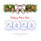 Holiday gift card. Happy New Year 2020. Snow numbers, fir tree branches garland, Christmas balls and white tied bow