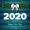 Holiday gift card. Happy New Year 2020. Snow numbers, fir tree branches garland and white tied bow on wood background. Celebration